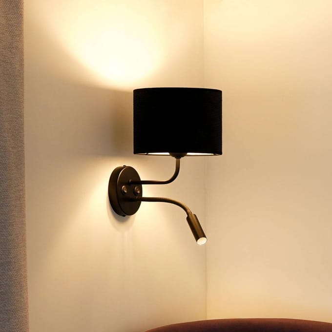Duolla Wandlamp Roller, snoer zwart, zwart, met leeslampje