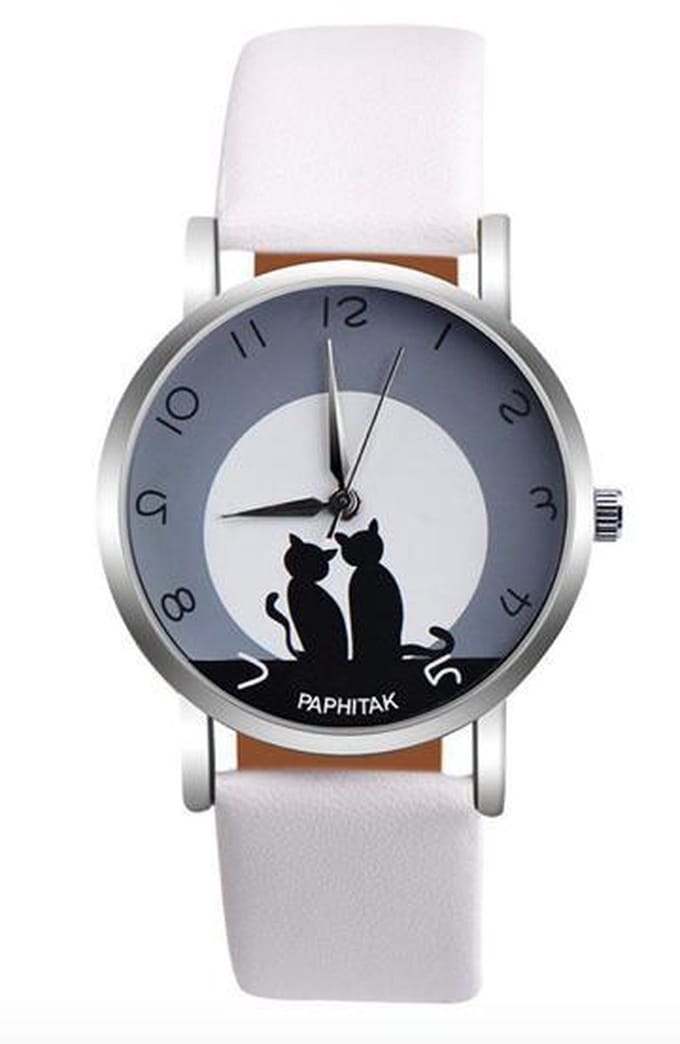Hidzo Horloge Paphitak Katten - Ø 37 mm - Wit - Kunstleer - In Horlogedoosje