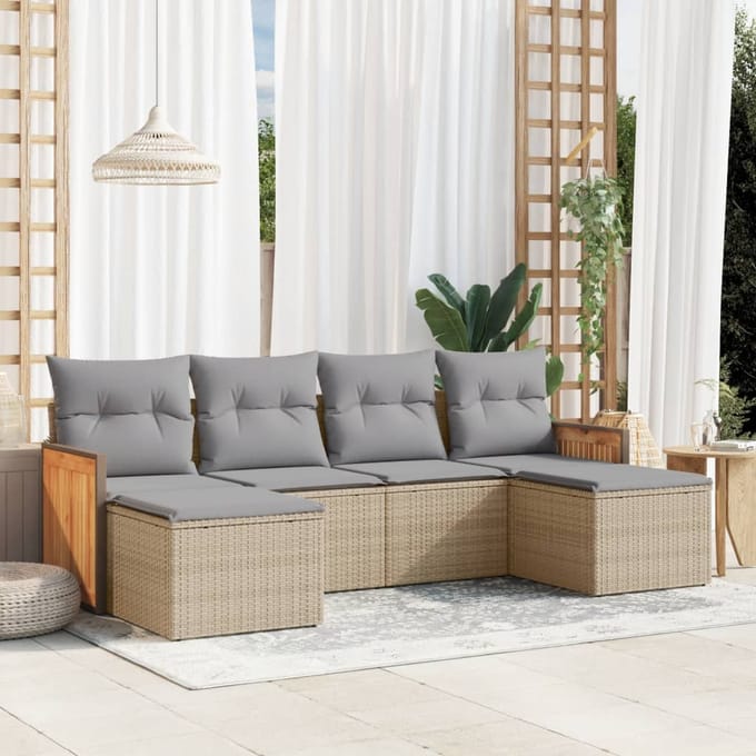 vidaXL - 6-delige - Loungeset - met - kussens - poly - rattan - beige