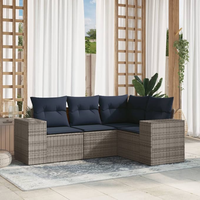 vidaXL - 4-delige - tuinbankset - met - kussens, - grijs - polyrotan
