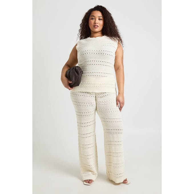 boohoo Dames Plus Gehaakte Gebreide Longline Top En Broek Co-ord | Creme | Maat: 48