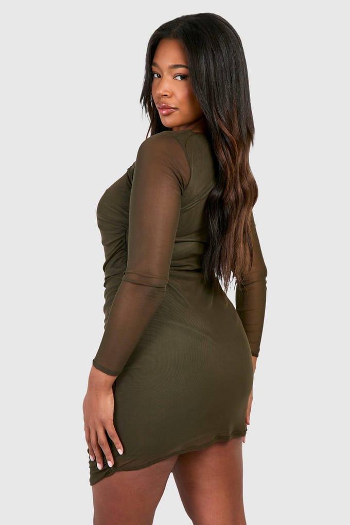 boohoo Dames Plus Mesh Bodycon Jurk | Khaki | Maat: 28