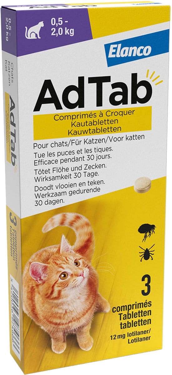 AdTab Vlooien Tabletten Kat - 0.5 tot 2.0 kg - 2 x 3 tabletten tegen Vlooien en Teken Kat
