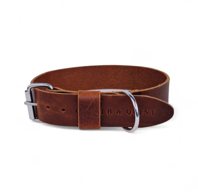 Cooper & Quint Bold Brede Leren Halsband - Bruin - Medium - 3 cm - Zilver