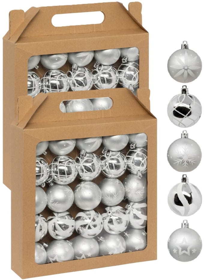 Feeric Christmas gedecoreerde kerstballen - 50x st - 6 cm - zilver/wit - kunststof
