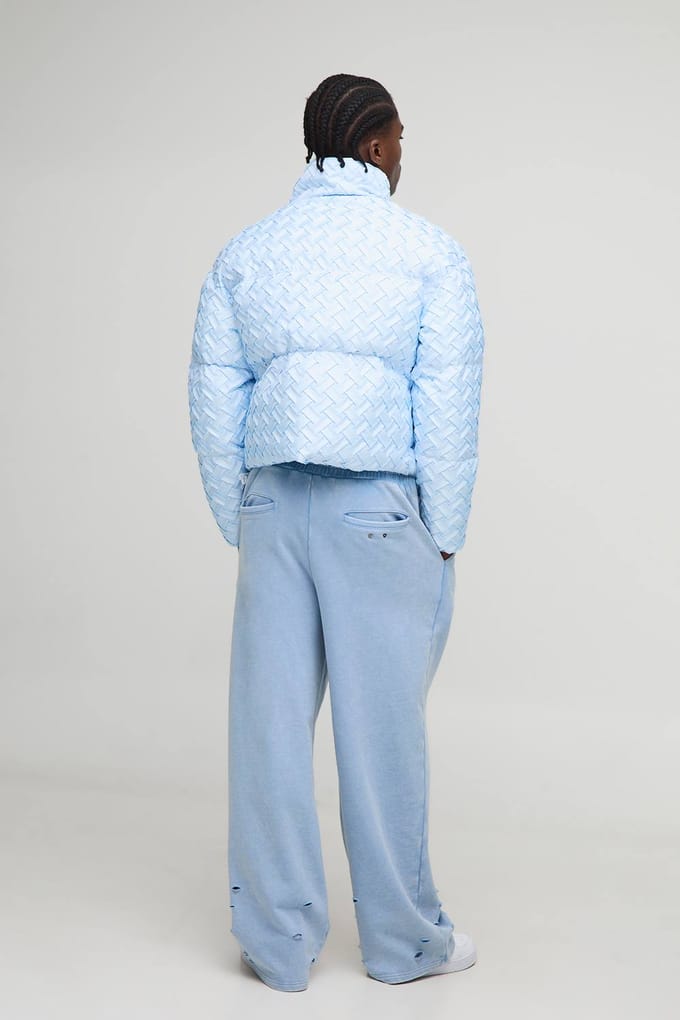 Boxy Fit Geweven Getextureerde Funnel Neck Puffer Jas | Light Blue | Size Medium