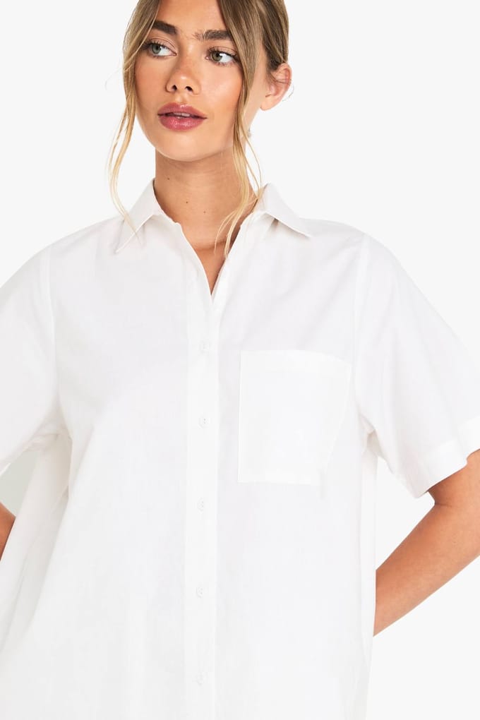 boohoo Dames Katoenen popeline overhemd met korte mouwen | White | Maat: 10