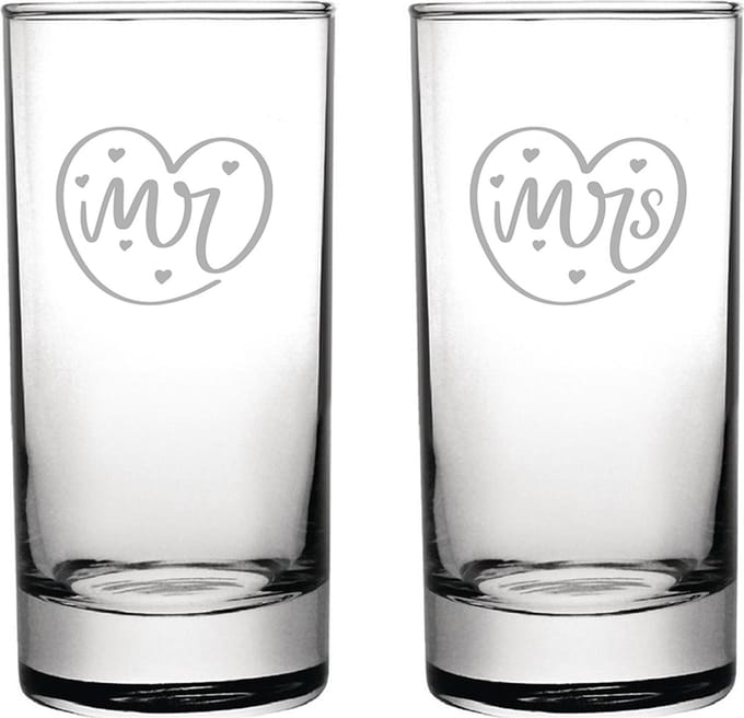 Gegraveerde set longdrinkglazen 28,5cl Mr. In hartje - Mrs. In hartje