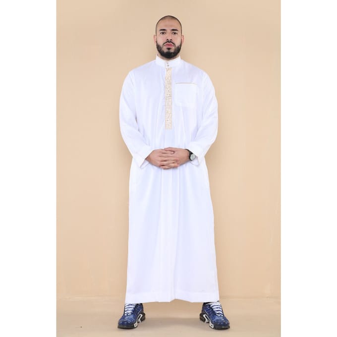 Mens witte Thobe Jubba Emirati islamitische Arabische Eid borduurwerk Kaftan Jubbah gewaad