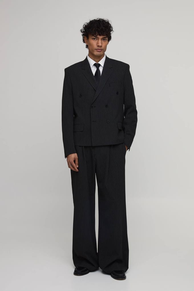 Pinstripe Oversized Boxy Double Breasted Blazer | Black | Size 44