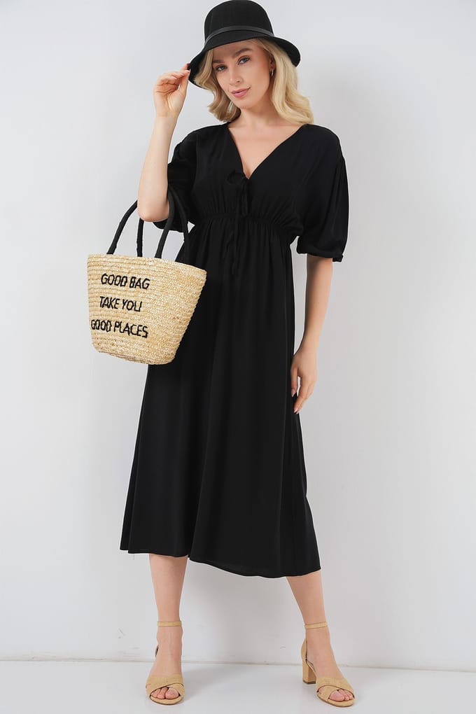 A-Form Fit Midi-jurk met V-hals en binddetail