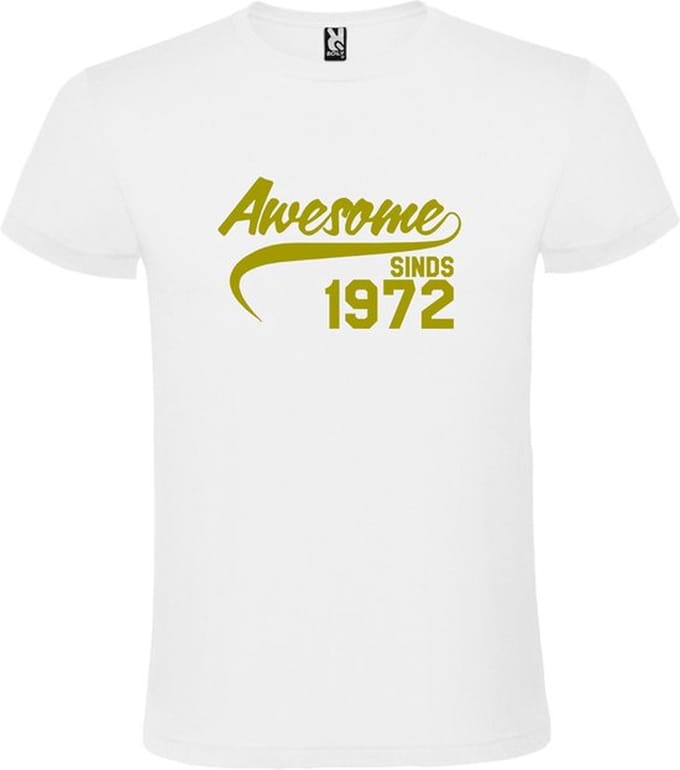 Wit T-shirt ‘Awesome Sinds 1972’ Goud Maat M