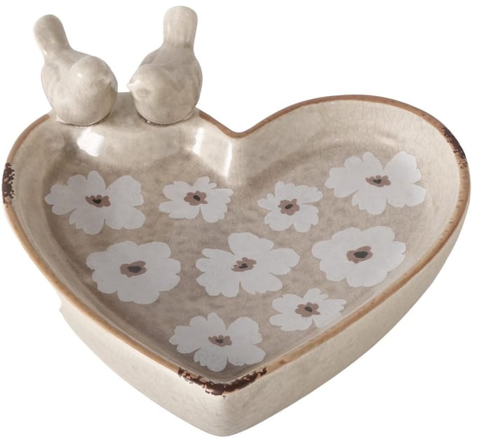 Vogelbadje van beige keramiek in hartvorm met bloemen type B