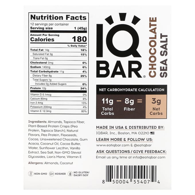 IQBAR, barre protéinée végétale, chocolat sel de mer, 12 barres, 45g (1,6 oz) chaque