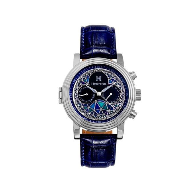Heritor Automatic Legacy horloge met leren band en dag-/datumaanduiding - zilver/blauw