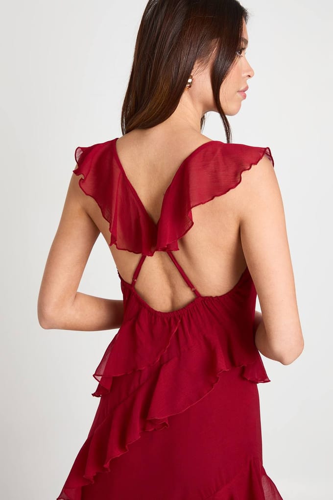 boohoo Dames Maxi-jurk met chiffon, ruches en bandjes | Merlot | Maat: 14