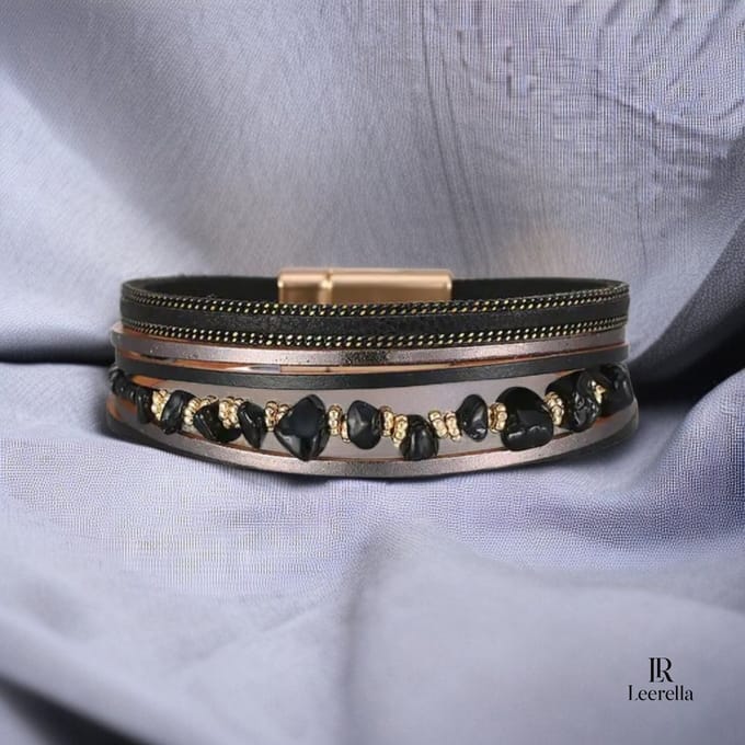 Leerella Echt Leren Multi-Layer Armband Zwart met Magneetsluiting – Boho Dames Armband – 19,5 cm