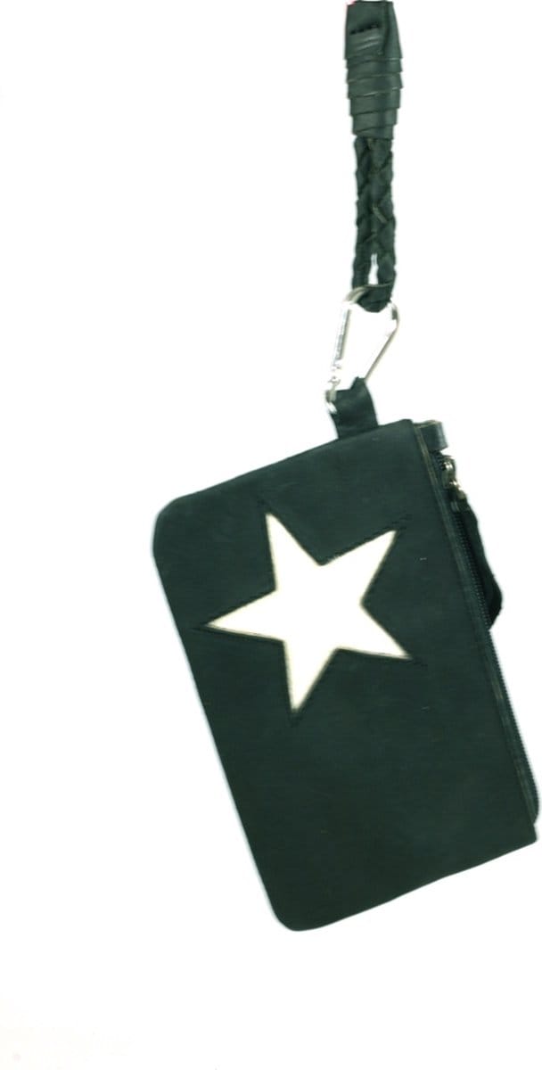 Lederen keycord tas - zwart leer - keykoord - ster wit leer - 12x18