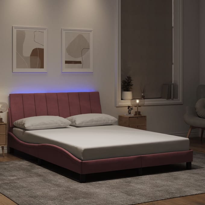 vidaXL - Bedframe - met - LED - zonder - matras - "Hanko" - - fluweel - roze - 140x200 - cm