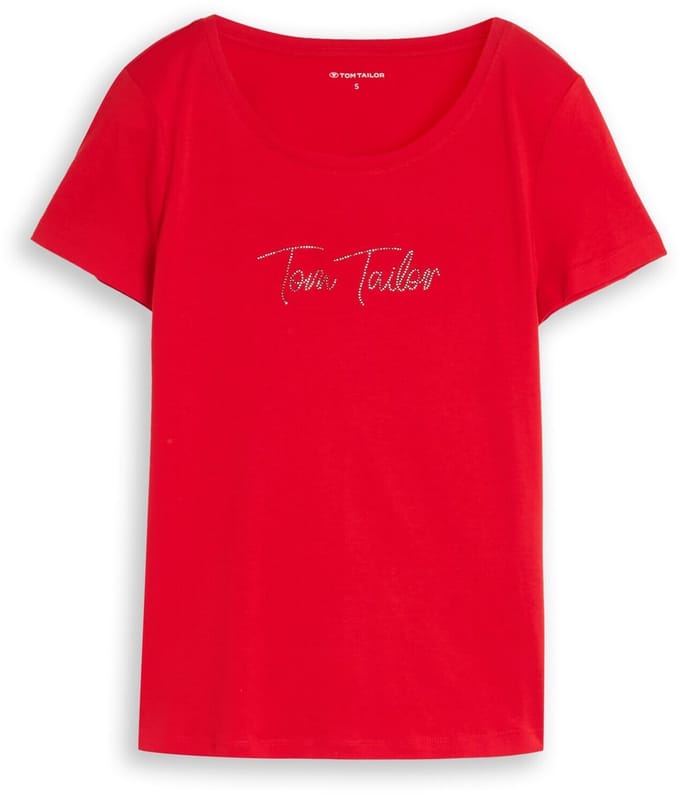 Tom Tailor - T-shirt met glitterlogo - Maat M - soft scarlet red