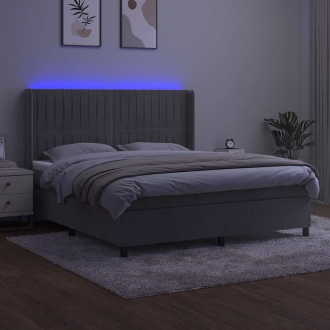 vidaXL - Boxspring - met - matras - en - LED - fluweel - lichtgrijs - 160x200 - cm