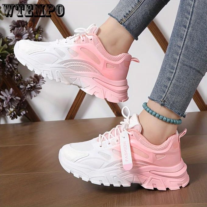 Dames Gradiënt Chunky Sneakers, Modieuze Veterschoenen Lage Top Hardloopschoenen, All-Match Sportschoenen 40 gray