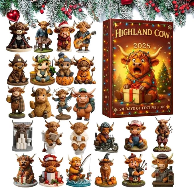 Kerst Countdown - Adventskalender Koe - Feestelijke Decoratie - 24 Deurtjes - 26x18x3 cm - Bruin