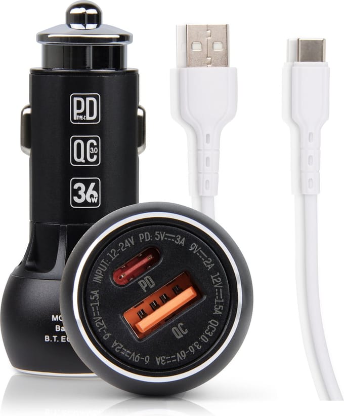 Autolader 2 Poorten + usb C Laadkabel - Oplader Auto - Snellader usb C + usb-A Poort