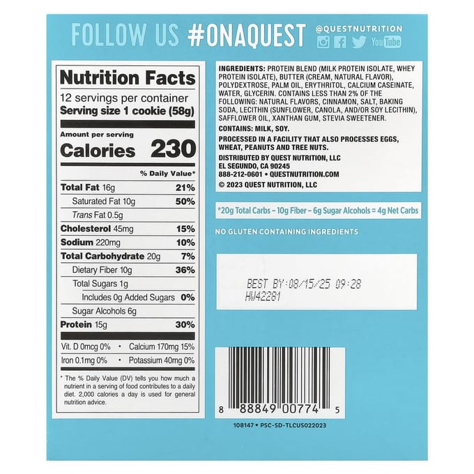 Quest Nutrition, Biscuits Protéinés, Snickerdoodles, 12 Unités, 2,04 oz (58 g) Chaque