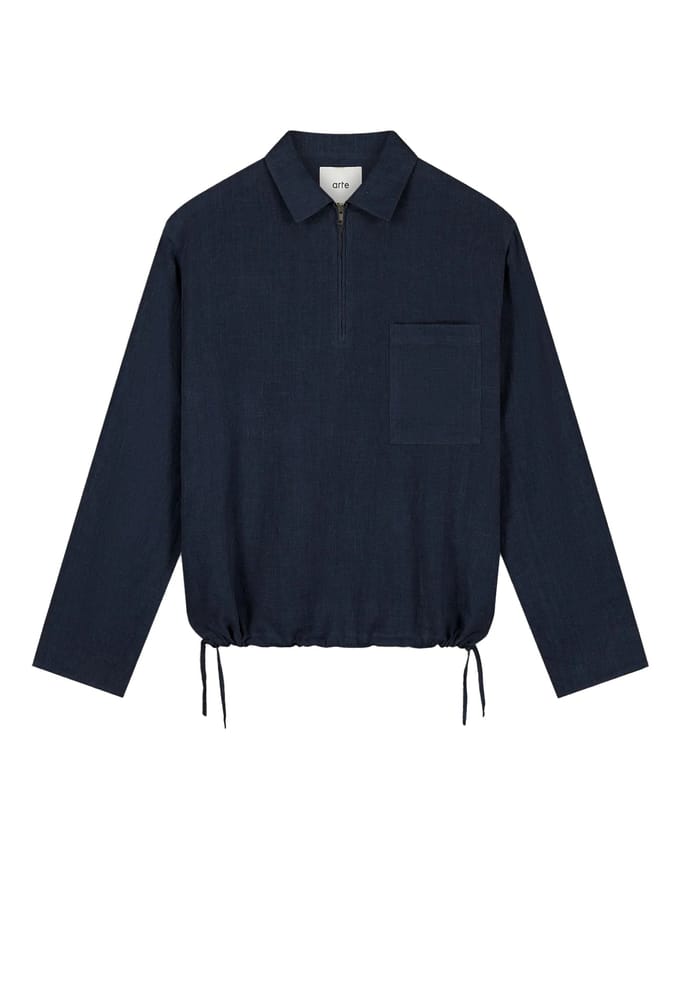 Mannen Long Sleeve T-shirt Linen QuArter Zip Pullover Marine