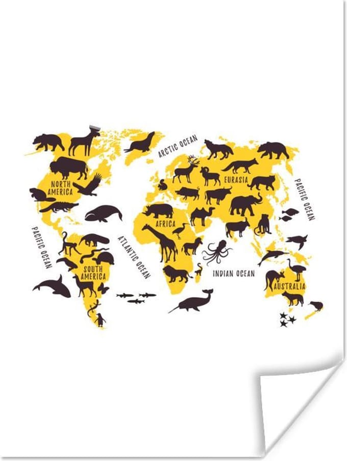 Poster - Wereldkaart - Dieren - Geel - 30x40 cm