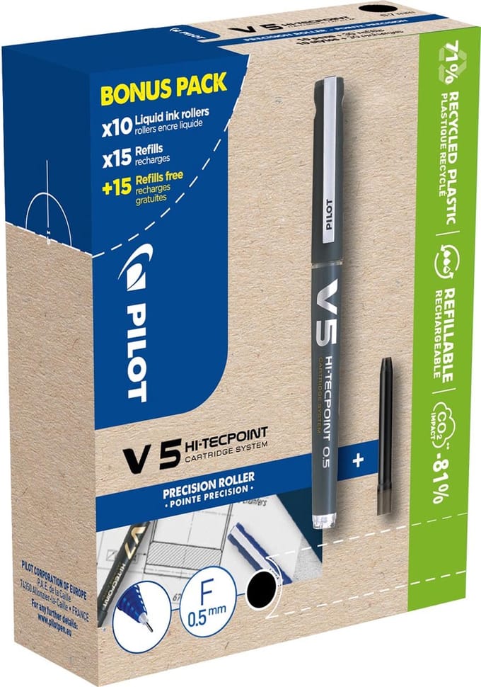 Pilot Hi-Tecpoint V5, 10 rollers + 30 vullingen, fijn, zwart