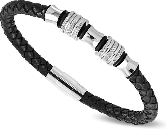Amanto Armband Creston - 316L Staal - Leer - 12mm - 22cm