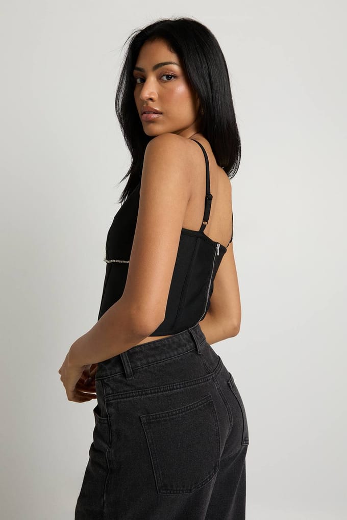 boohoo Dames Geweven korset met diamantenaccent | Black | Maat: 8