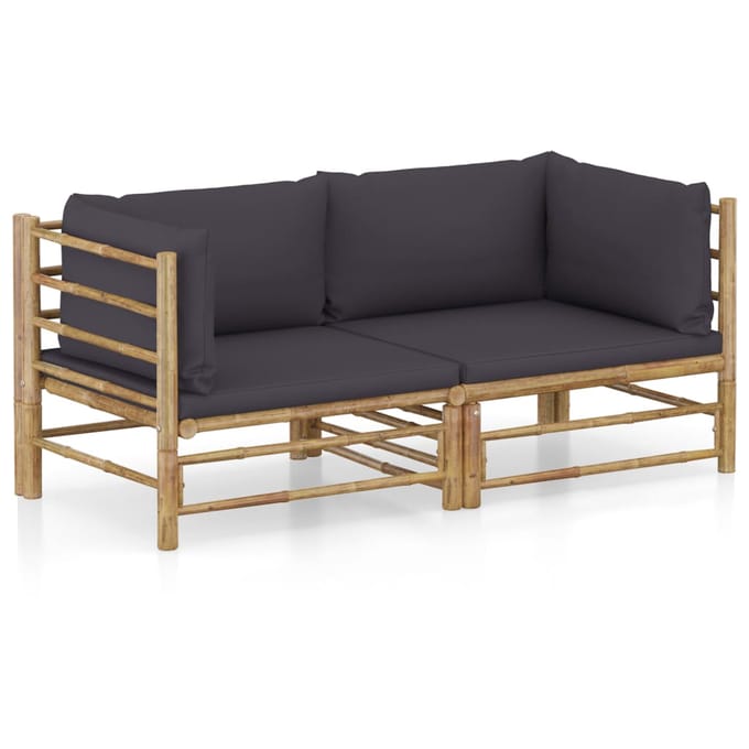 vidaXL - 2-delige - Loungeset - met - kussens - bamboe - donkergrijs