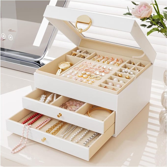 Juwelendoos Drie Lagen - Sieraad Organizer Kist - Sieraden Opbergen - Transparant Deksel - Grote Capaciteit - Mat Wit