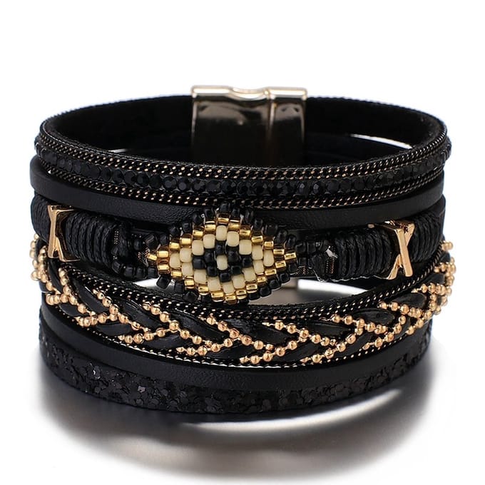 Sorprese armband - Boho style - dames armband - zwart - leer - 19,5 cm - cadeau - Model D - Sinterklaas - Kerst - Cadeau