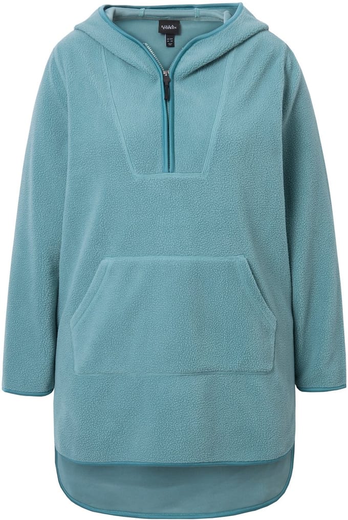Ulla Popken - Dames - Lange teddy fleece pullover capuchon rits lange mouwen - Ijsgroen - Maat 46+