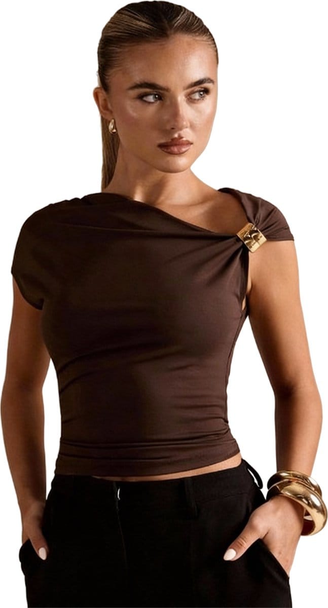 Aansluitend Shirt met One Shoulder Gouden Afwerking - Dames - Bruin
