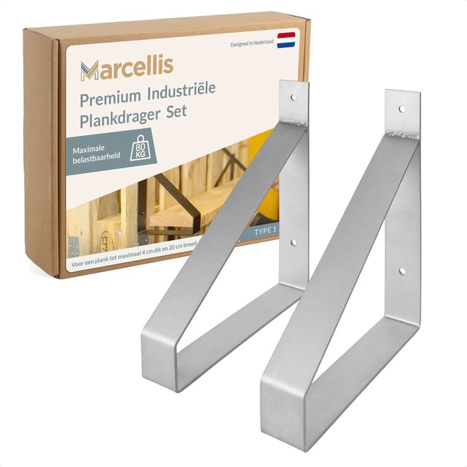 Marcellis - 2x Industriële plankdrager - Voor plank 20cm + schroefset - roestvrij staal - T1