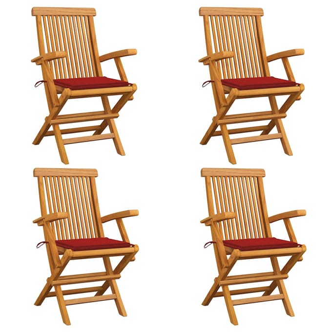 vidaXL - Klapstoelen - met - rode - kussens, - 4 - stuks, - massief - teakhout