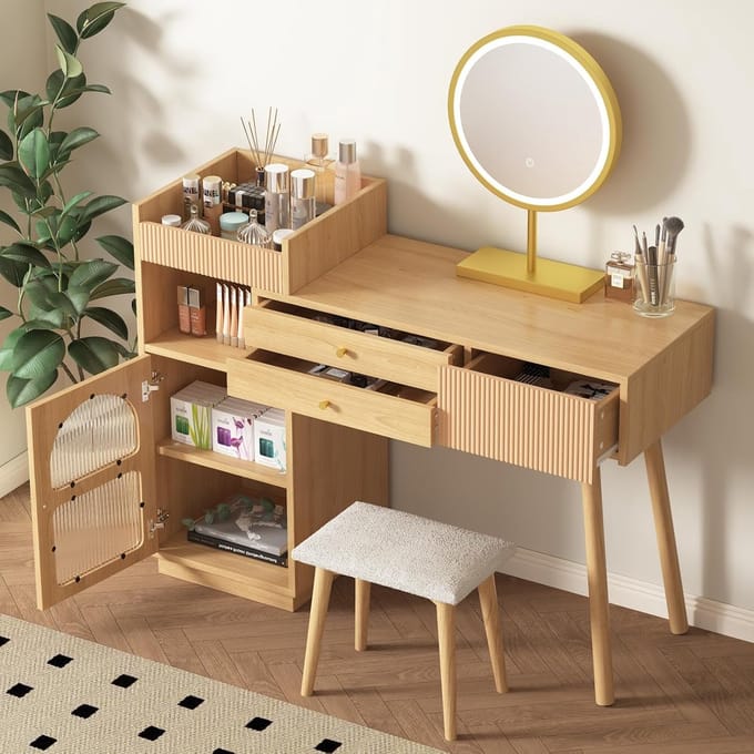 Moderne Kaptafel - Make-up Tafel Bureau - Dagelijkse Make-up - Verstelbare Led Spiegel - 120x40x90cm - Natuurlijk