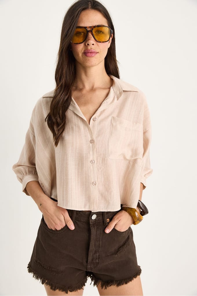 Gestreept Crop Shirt met Textuur, Knoopsluiting en Pocket