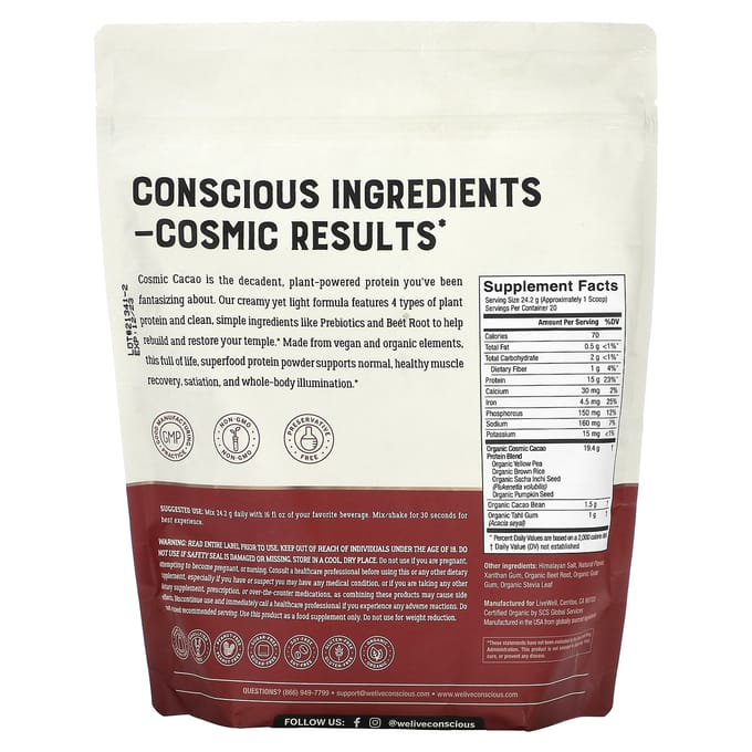 Live Conscious, Protéine Bio, Cacao Cosmique, 1,07 lb (484 g)