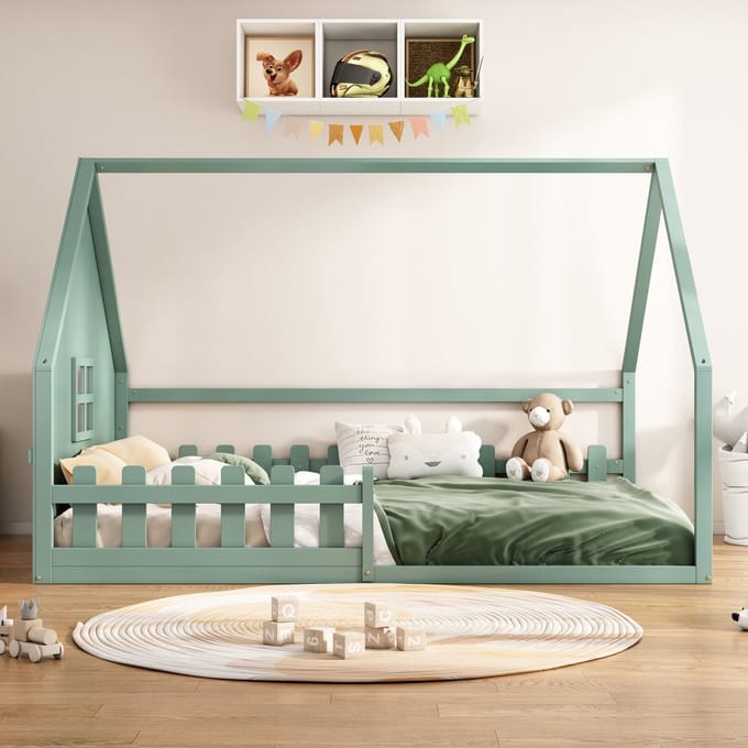 Vlak bed, 140*200 cm, kinderbed, leuning, grenenhout, groen