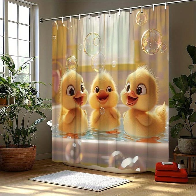 Speelse Eenden Douchegordijn - Hartverwarmende Badtijd, Polyester, 12 Haken, 70.8x70.8 Inch, Schattig Ontwerp, Machine Wasbaar W90XH180cm beige