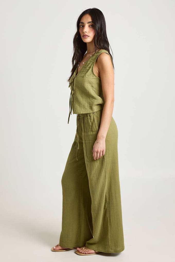 boohoo Dames Wijde Broek Van Kaasdoek Met Elastische Taille | Kaki | Maat: 38