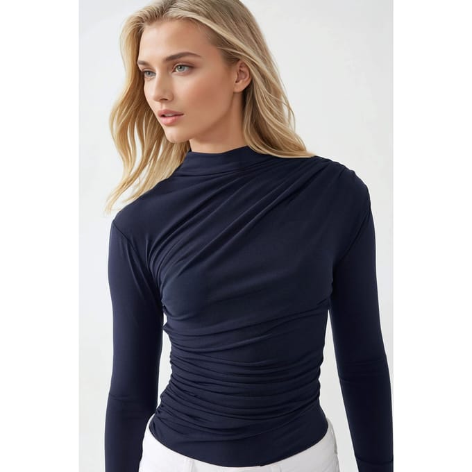 Hoge Kraag Drapé Detail Blouse