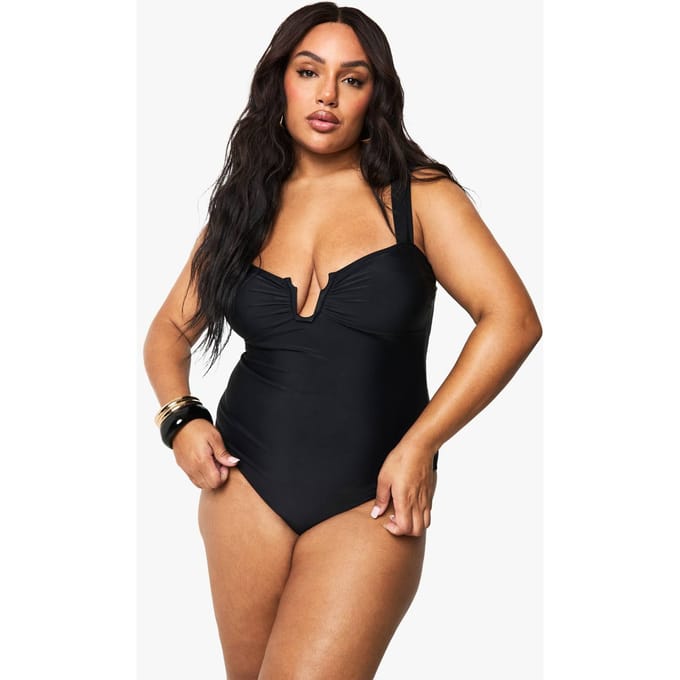 boohoo Dames Plus Tummy Control Geraffeld Voorbadpak | Black | Maat: 24