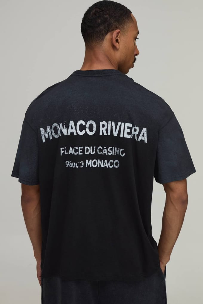 Oversized Fit Monaco Riviera Spray Wash T-shirt | Black | Size Small